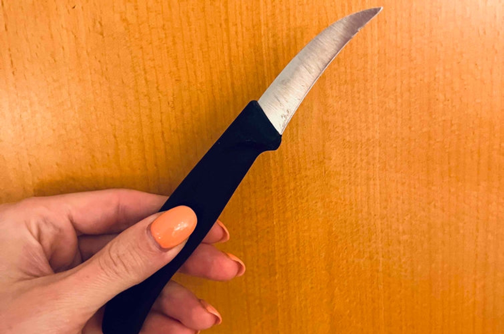 Schälmesser im Test: Schälmesser vor Holzhintergrund.