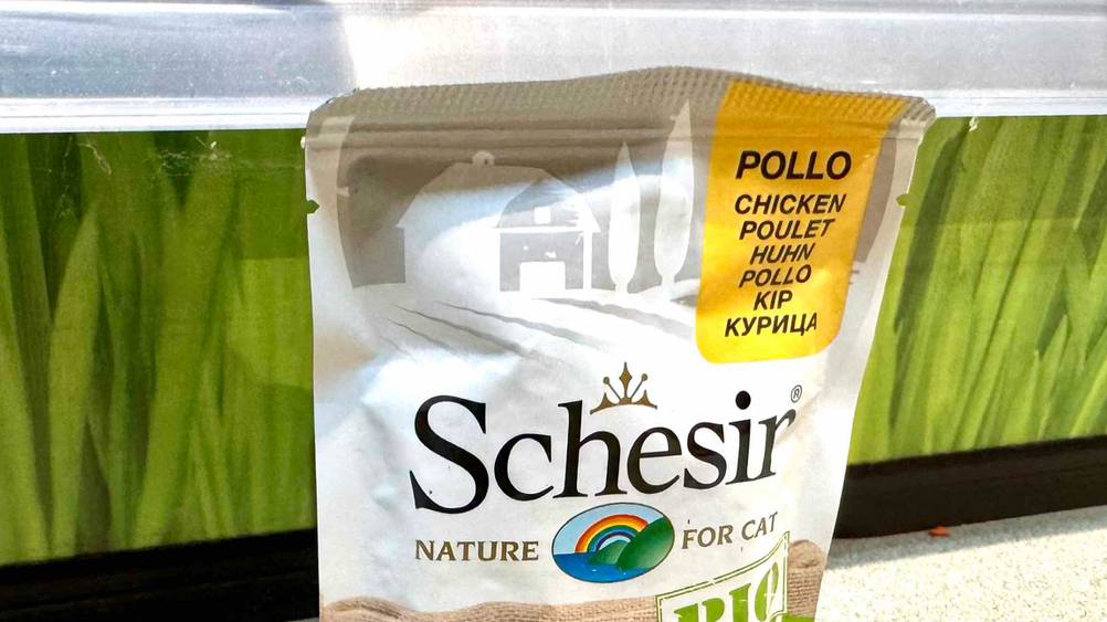 Schesir-Katzenfutter im Test: Nahaufnahme der Verpackung mit Logo und Informationen.