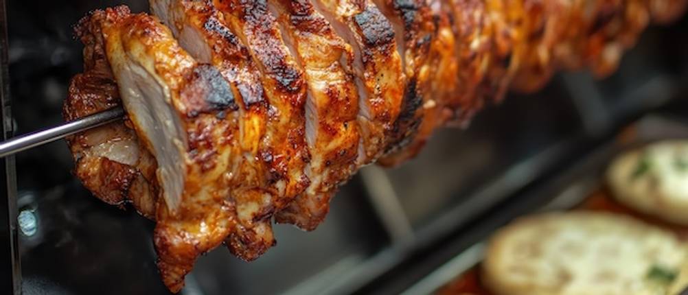 Drehspieß des Schickling-Grills im Test: Nahaufnahme eines Bratens auf einem Grillspieß.