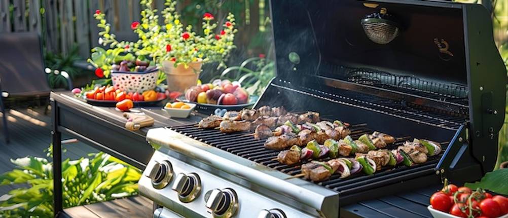 Schickling-Gasgrill getestet: Grillspieße liegen auf einem Grill umgeben von weiteren Zutaten auf Ablageflächen neben der Grillfläche.