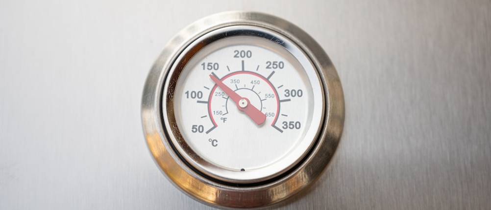 Bratenthermometer im Test: Ein silberfarbenes analoges Bratenthermometer mit rotem Zeiger.