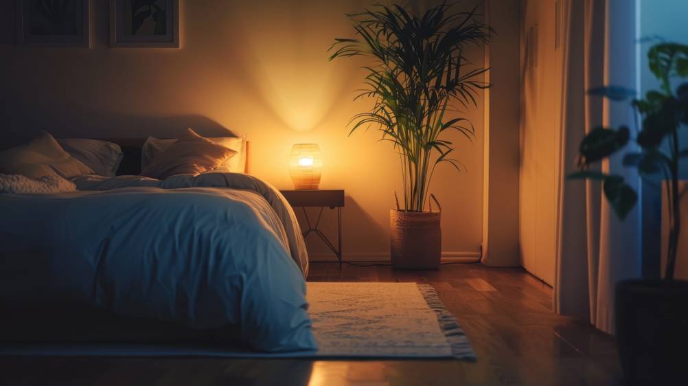 Ein Bett und daneben ein gedimmtes Licht