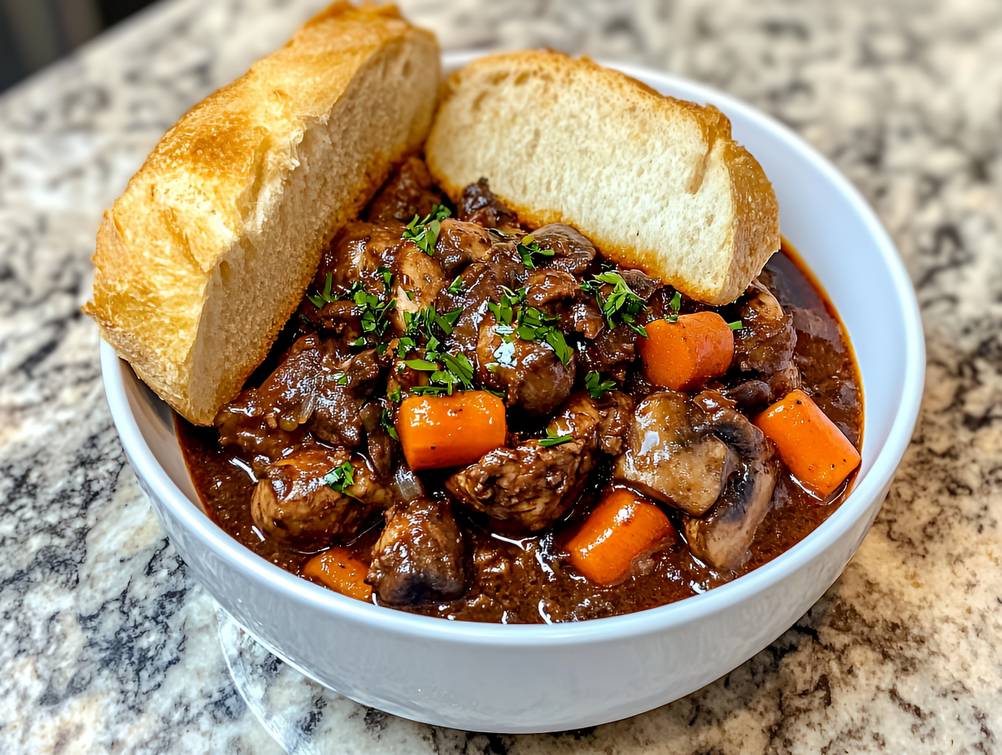 Schmorpfanne mit Deckel im Test: Coq au Vin mit Hühnerrotweinsoße und Champignons samt Baguette in einer weißen Schale