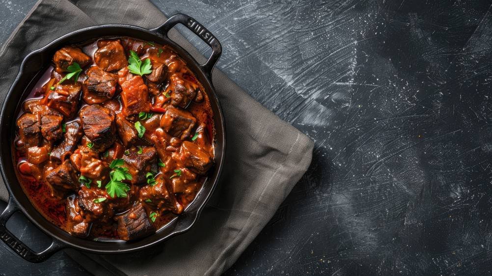 Schmorpfanne mit Deckel im Test: Rindergulasch in dunkler Sauce in einer gusseisernen Schmorpfanne auf einer schwarzen Arbeitsplatte