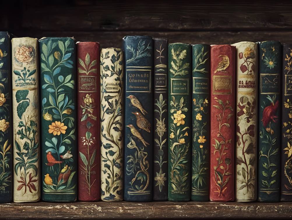 Mehrere Bücher mit floralen Mustern am BUchrückenstehen in einem Bücherregal.