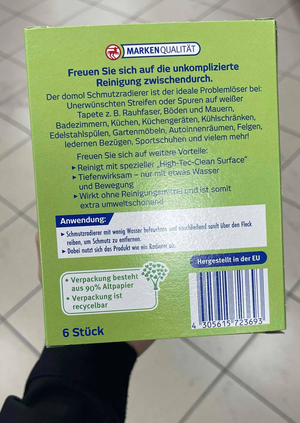 Rückseite der Verpackung des getesteten Schmutzradierers.