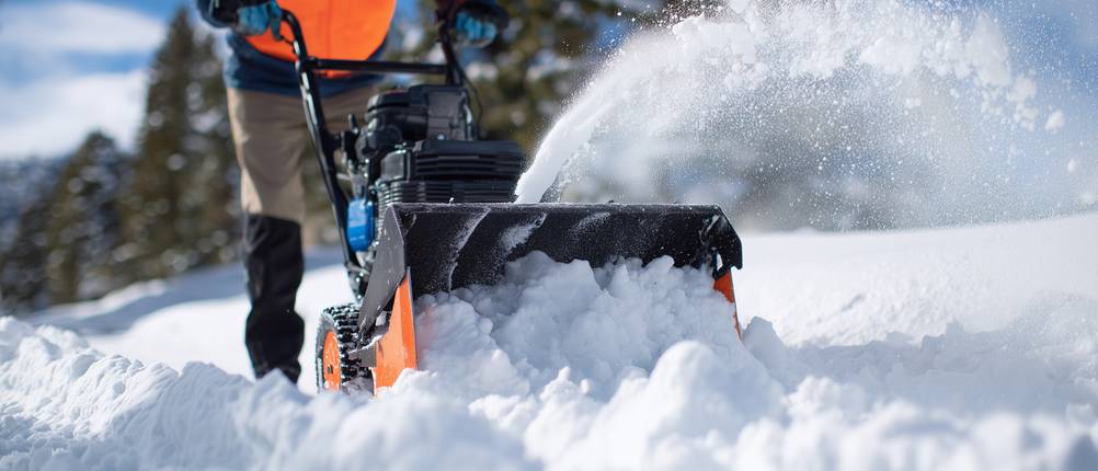 Schneefräse im Test. Ein Mensch mit oranger Warnweste schiebt eine Schneefräse durch hohen Schnee.