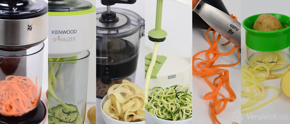 Eine Collage verschiedener Spiralschneider mit unterschiedlichen geschnittenen Gemüsearten.