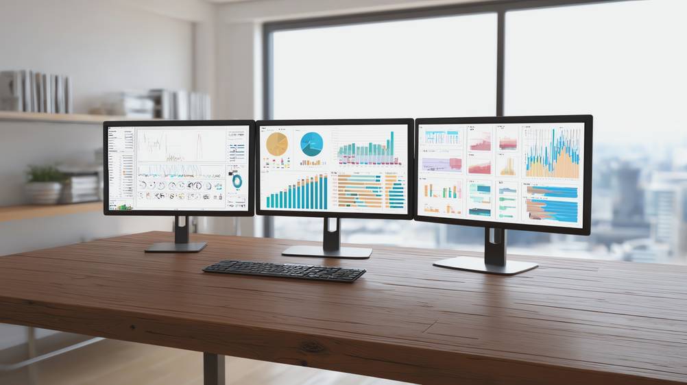 Triple-Screen im Test: Ein moderner Arbeitsplatz mit drei Monitoren und Tastatur.