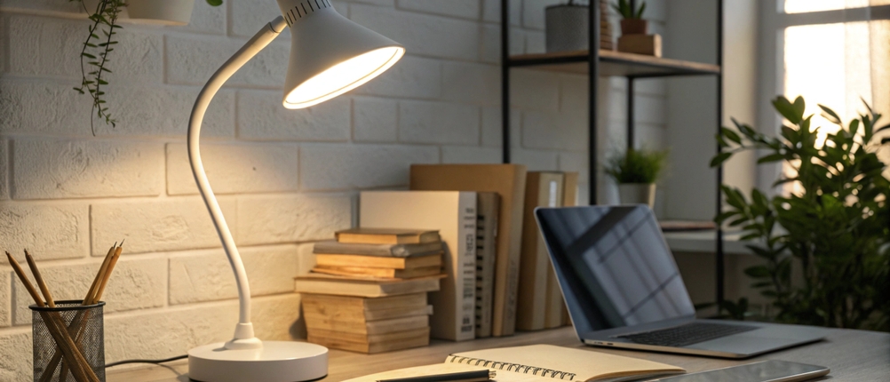 Angeschaltete Schreibtischlampe beleuchtet einen aufgeschlagenen Notizblock