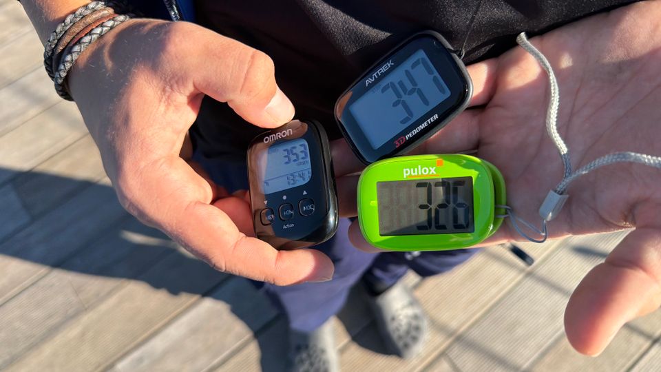 Drei Schrittzähler zeigen ihre gemessenen Ergebnisse an.