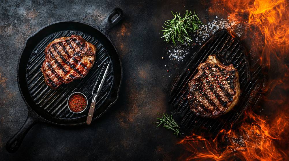 Schulte-Ufer-Pfannen im Test: Zwei Steaks in typischer Grilloptik auf gusseisernen Pfannen mit Flammen und Gewürzen.