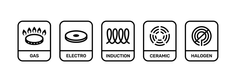 Schulte-Ufer-Pfannen im Test: Symbole für Elektro-, Gas-, Induktions-, Keramik- und Halogenkocher.