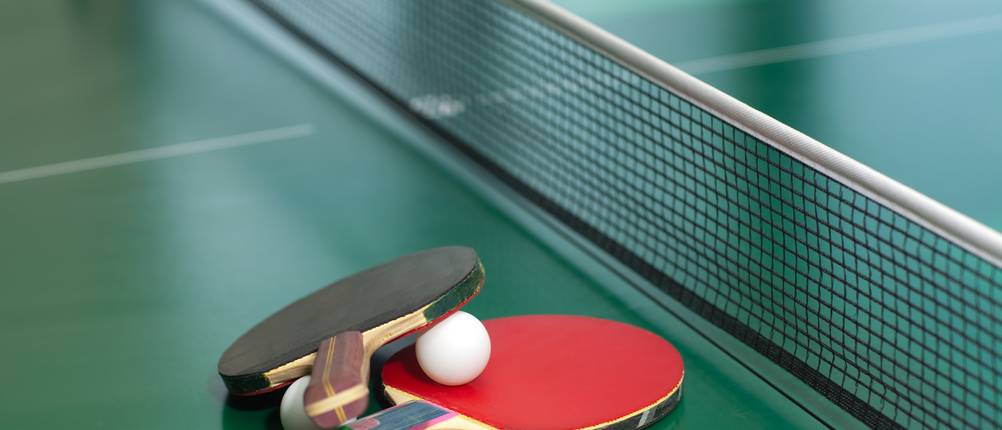 Schutzhülle-Tischtennisplatte-Test: Zwei Tischtennisschläger liegen auf einer Tischtennisplatte ohne Gebrauchsspuren.