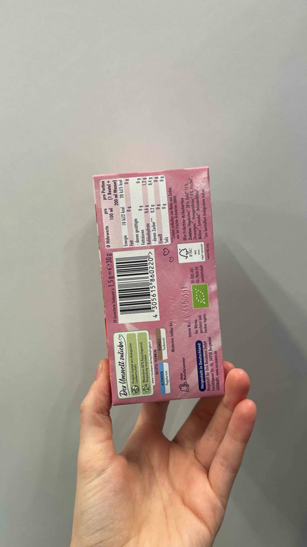 Rückseite der Verpackung des Schwangerschaftstees im Test mit Informationen.