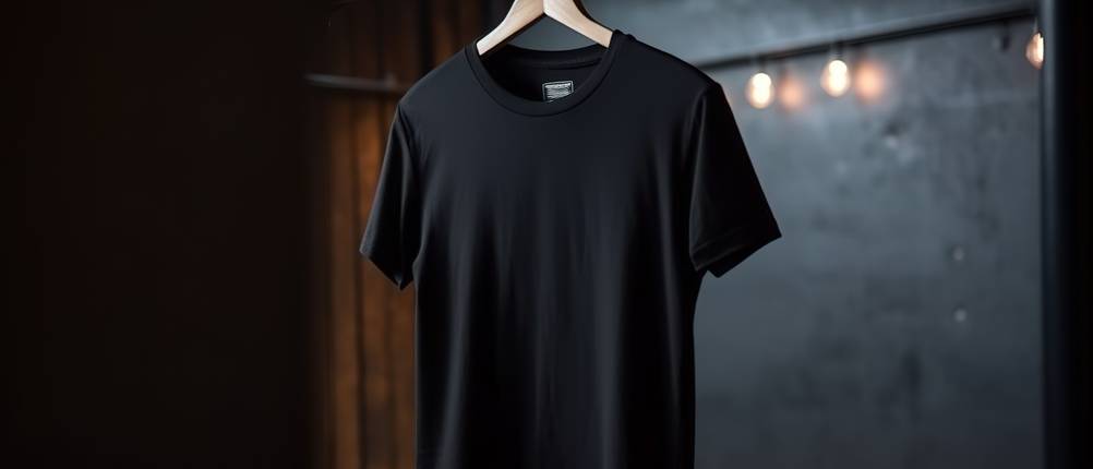 schwarzes-t-shirt-test: schwarzes T-Shirt hängt auf einem Bügel an einer Kleiderstange in einem Sport-Umkleideraum