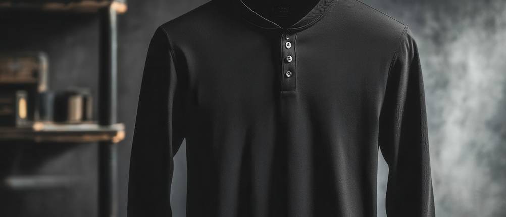 schwarzes-t-shirt-test: Langärmliges T-Shirt mit Henley-Knopfleiste auf Kleiderbügel vor grauem, Hintergrund.