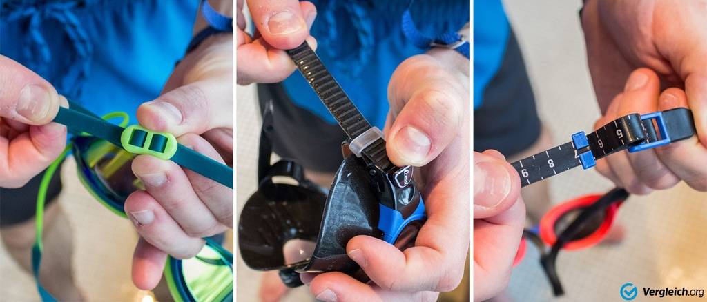 Schwimmbrille Test: Bildcollage aus drei Einzelaufnahmen, auf denen gezeigt wird, wie sich die Größe durch Anpassung der Riemen verändern lässt.