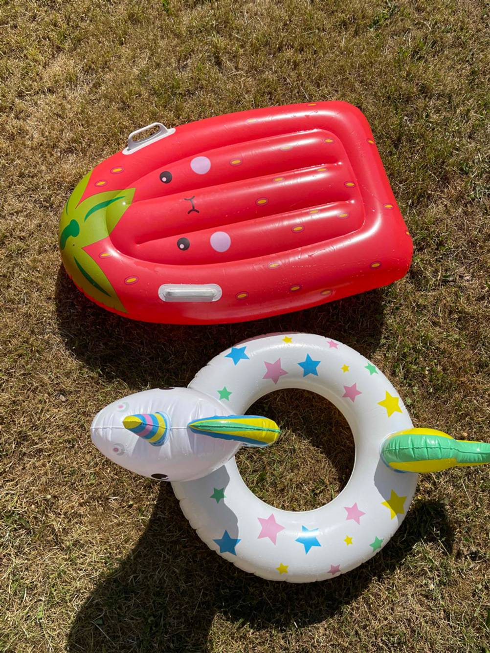 Ein getesteter Schwimmring in Form eines Einhorns neben einem Schwimmmatte.