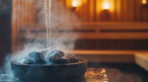 Schwitzanzug-Test: Eine Schale mit Steinen wird in einer Sauna aufgegossen. 