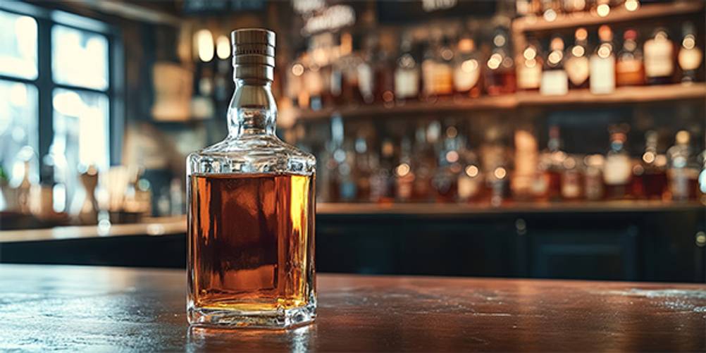Scotch im Test: Eine Scotch-Flasche auf einem Bar-Tresen. Im Hintergrund sind weitere Flaschen zu sehen.