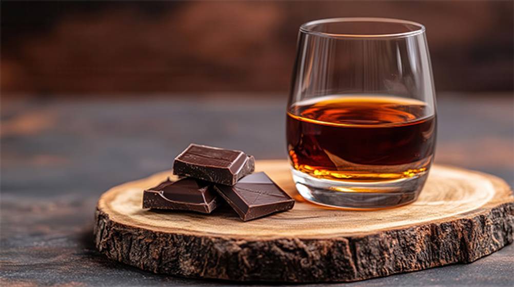 Scotch im Test: Ein Holzbrett, auf dem ein Glas mit Scotch sowie dunkle Schokolade serviert werden.