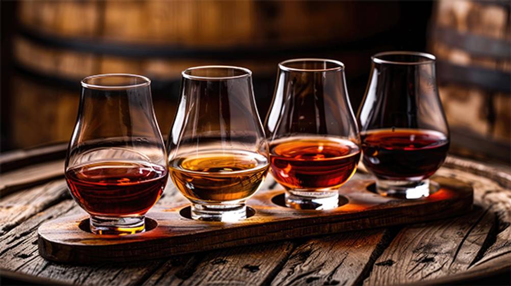 Scotch im Test: Vier verschiedene Scotch-Sorten in Gläsern serviert auf einem Holzbrett.