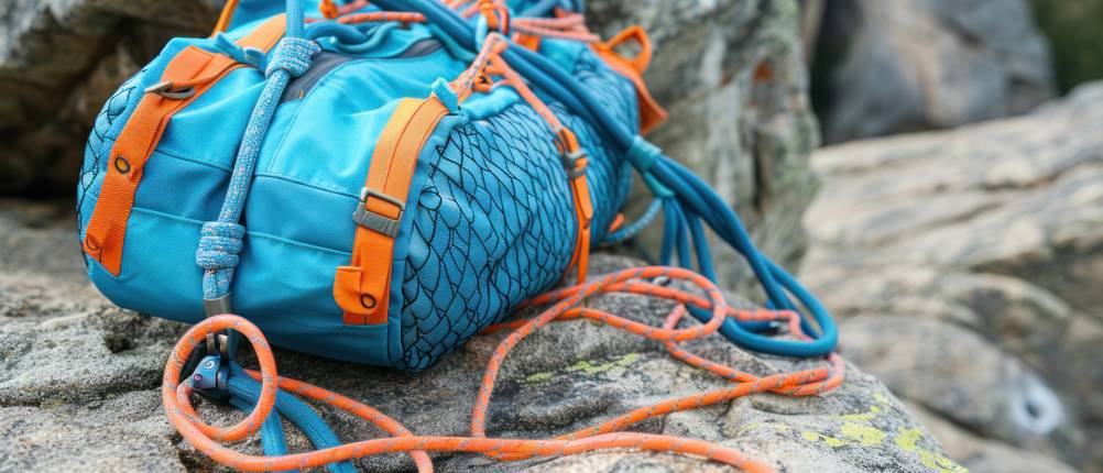 Seilsack-Test: Ein blauer Rucksack mit Kletterseilen liegt auf einem Stein. 
