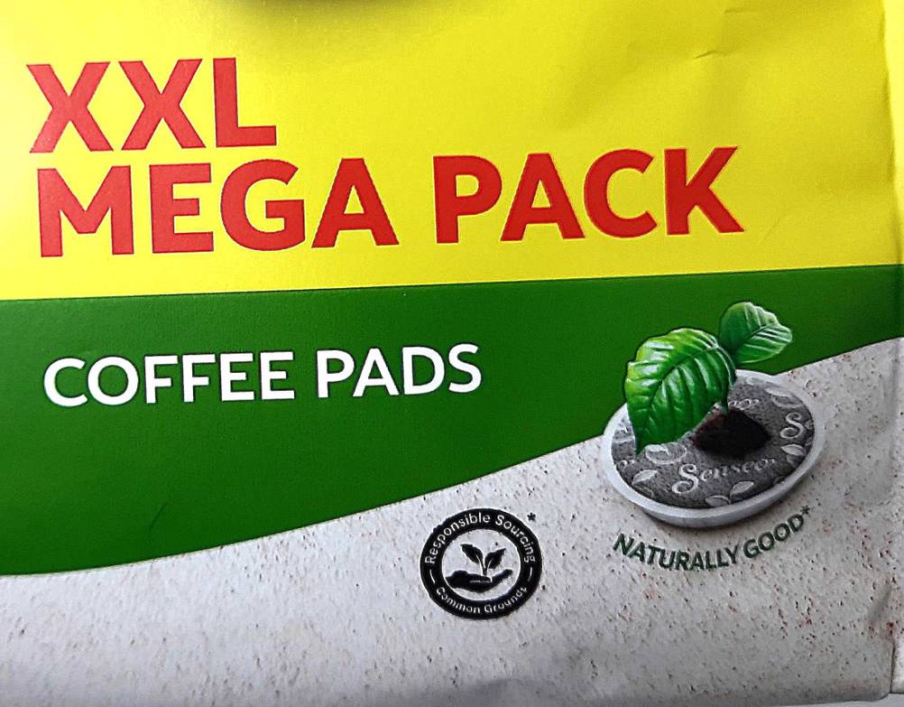Senseo-Pads getestet: Nahaufnahme der Vorderseite der Verpackung mit Grafiken.