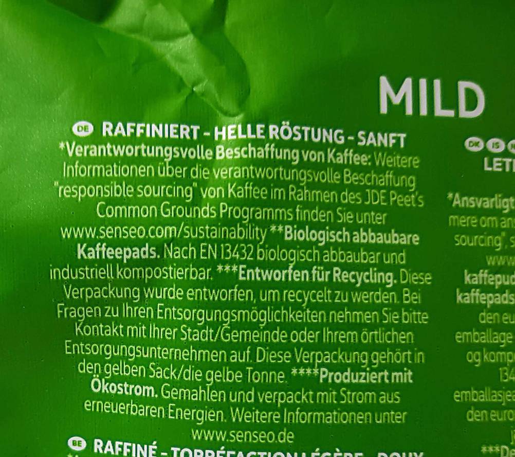 Senseo-Pads getestet: Nahaufnahme der Rückseite mit Informationen.