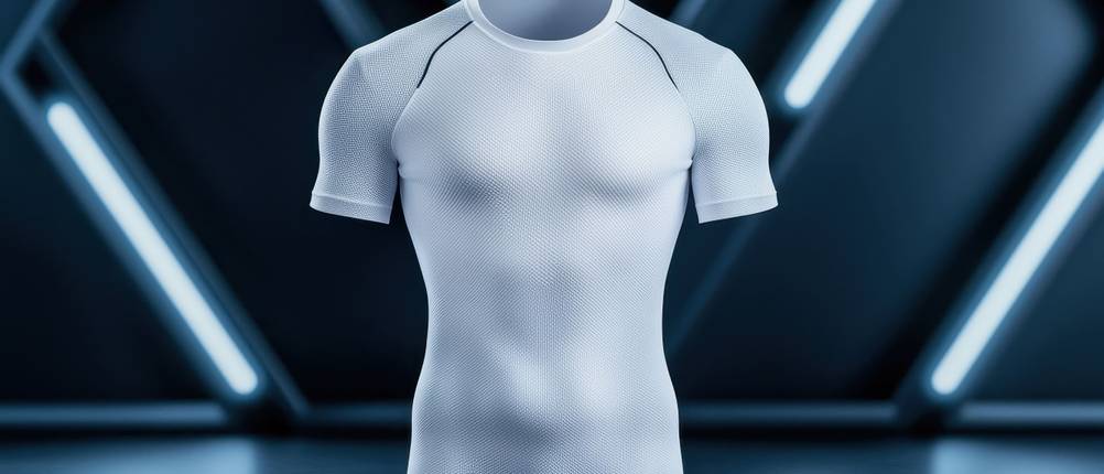 Shapewear-Herren-Test: Weißes Kompressionsshirt vor beleuchtetem Hintergrund.