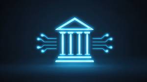 Sofortkredite im Vergleich: Eine futuristische Bank als Grafik dargestellt, leuchtendes Gebäude im Datenfluss.