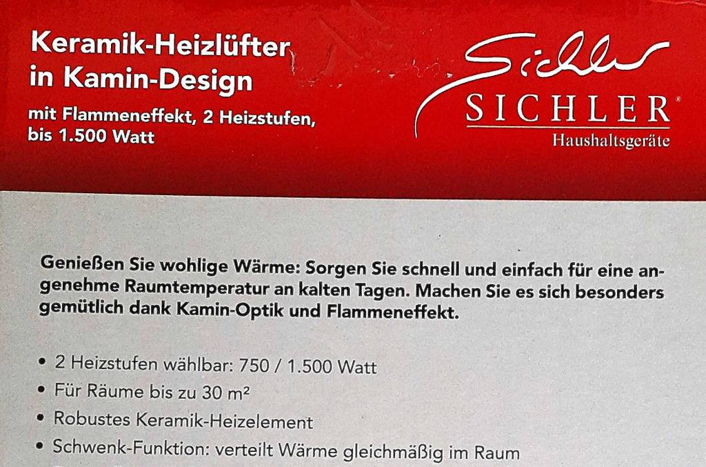Produktbeschreibung auf der Verpackung eines getesteten, energiesparenden Heizlüfters.
