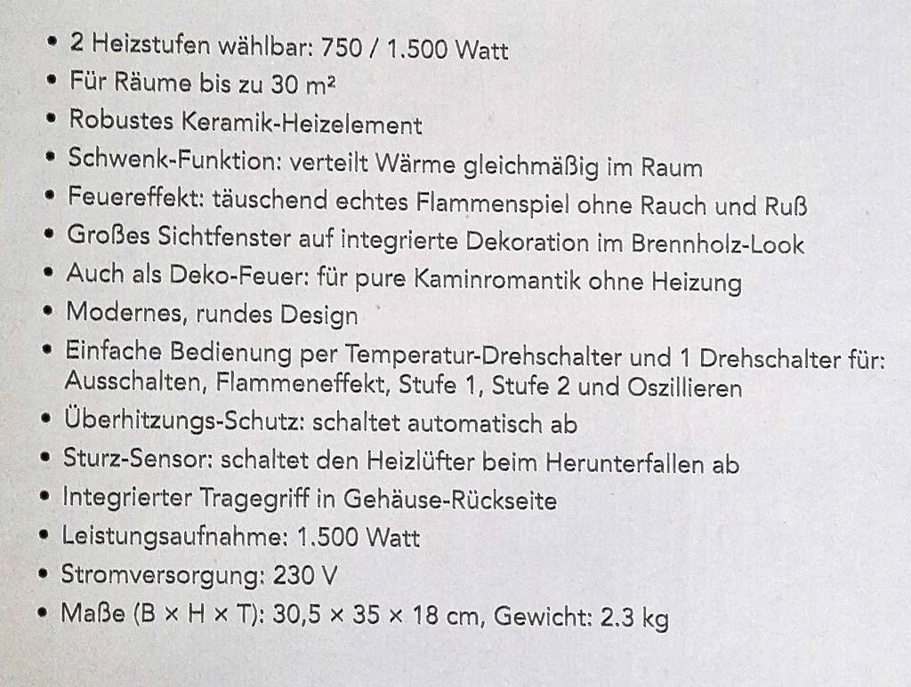Detailansicht der Produktbeschreibung auf der Verpackung eines energiesparenden Heizlüfters im Test.