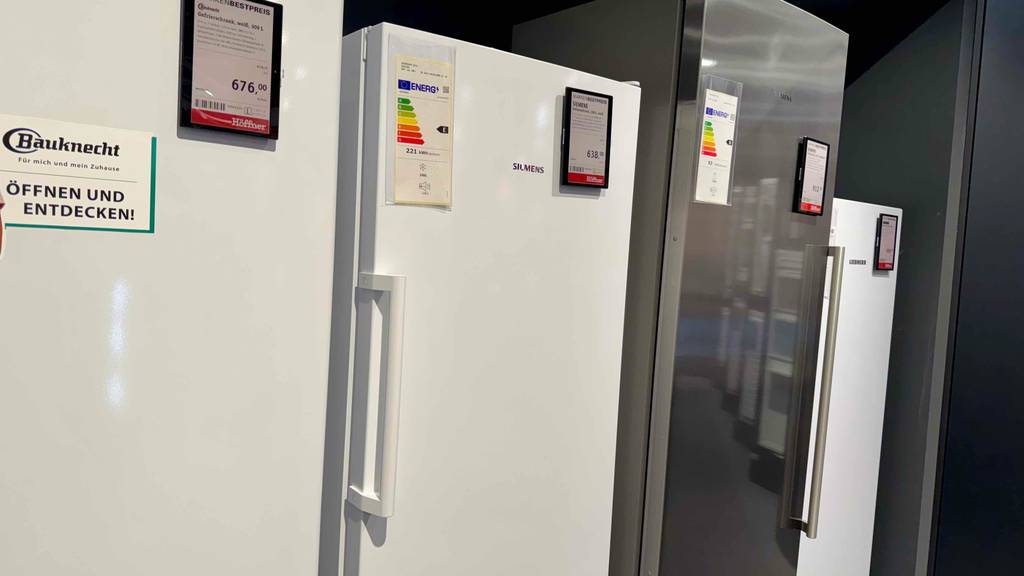 Siemens-Gefrierschrank im Test: Auf der Türe ist eine Übersicht zum Energieverbrauch angebracht.
