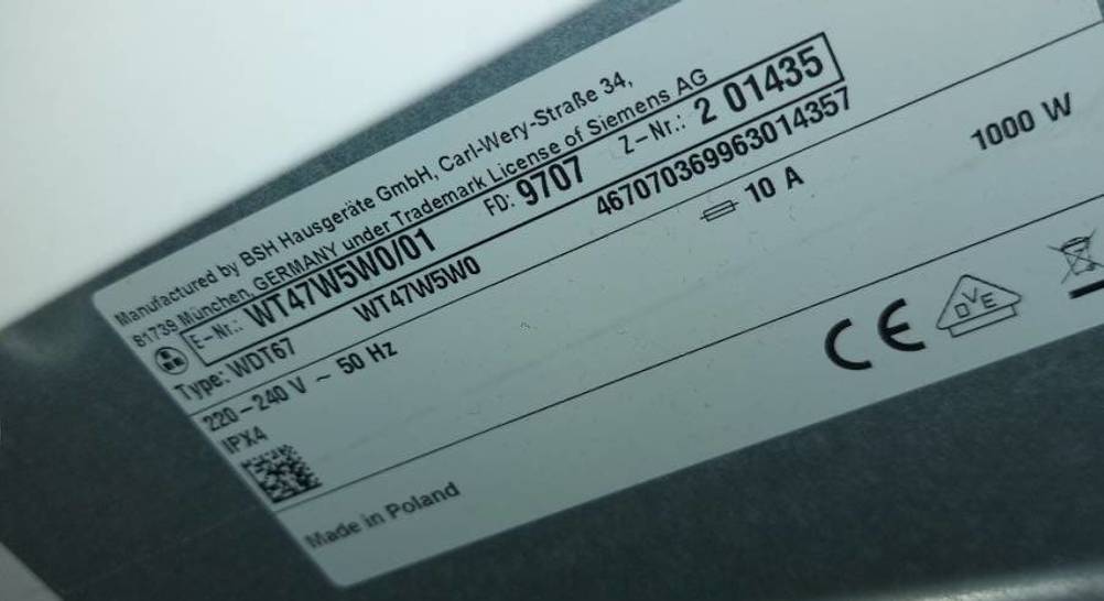 Typenschild eines getesteten Wärmepumpentrockners.