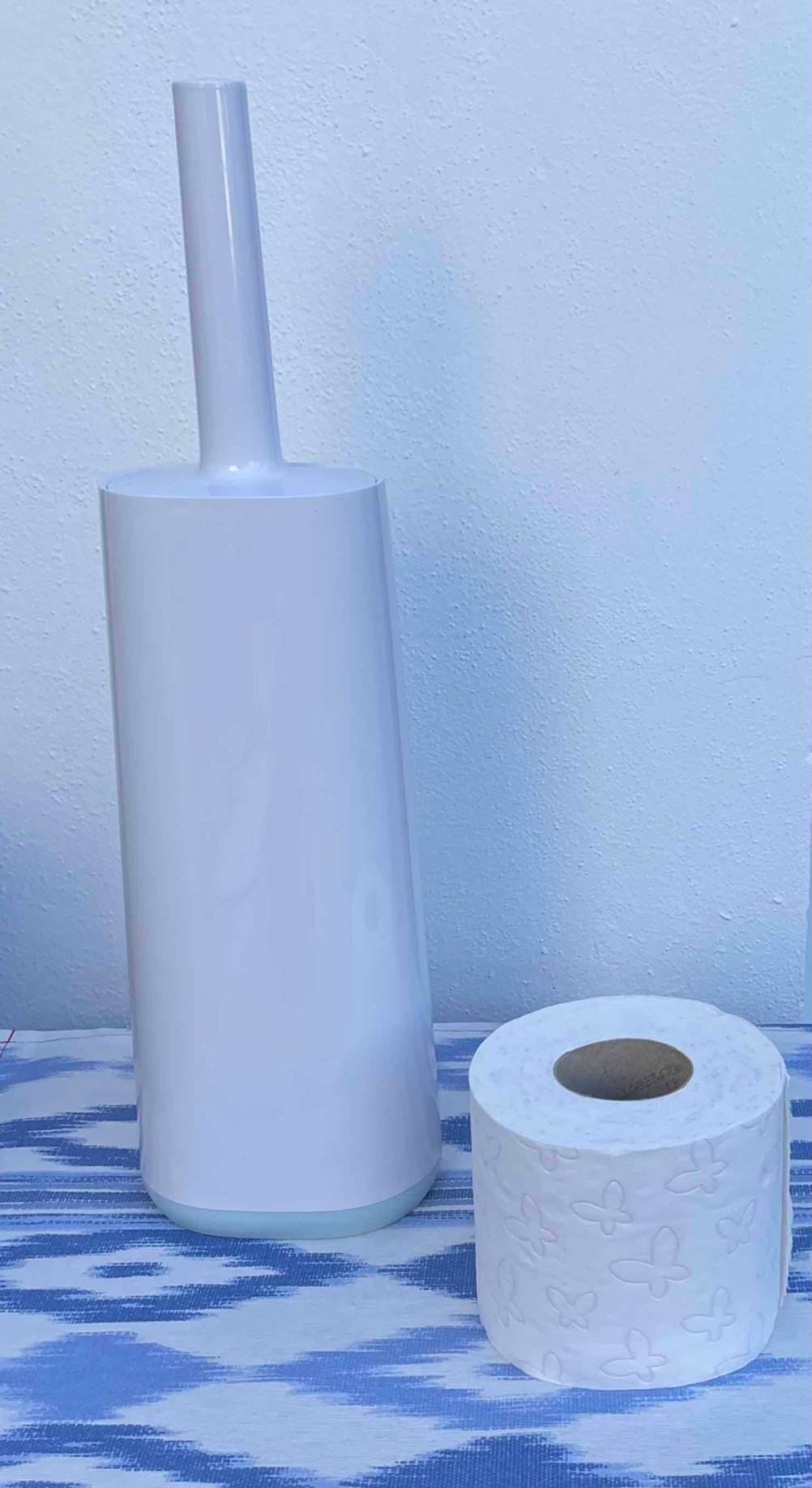 Silikon-Klobürste im Test: Eine Bürste in ihrem Behälter neben einer Rolle Klopapier.