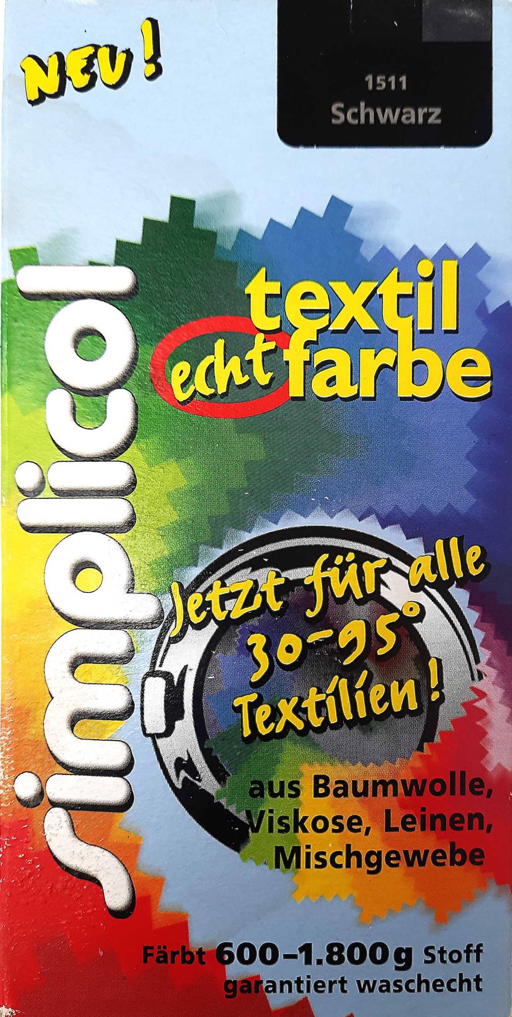 Frontseite der bunten Verpackung von getesteter Textilfarbe schwarz.