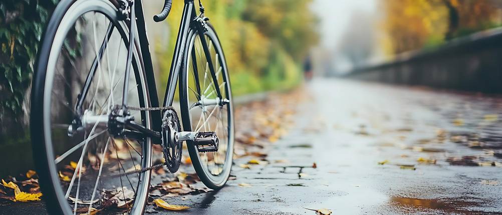 Singlespeed Bike Test: Fahrrad auf nasser, mit Laub bedeckter Straße