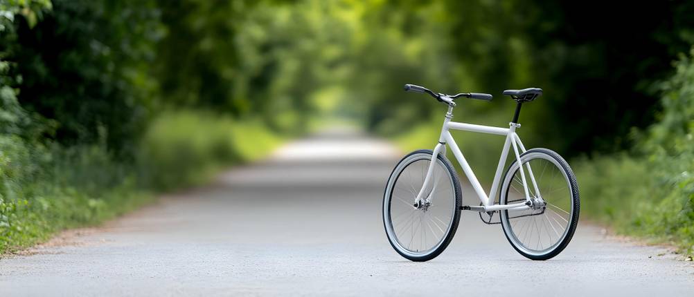 Singlespeed Bike Test: ein Fahrrad auf einer Allee, umringt von Bäumen