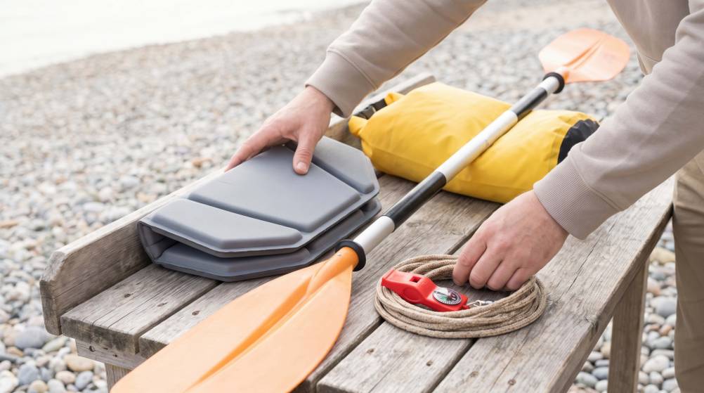 Sitzkissen-faltbar-Test: Auf einem Holztisch am Kieselstrand liegen Paddel, Packsack, Seil und Sitzkissen für ein Kanu, die von zwei Händen gehalten werden.