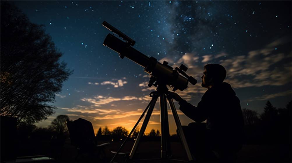 Skywatcher-Teleskop: Ein Mann der ein Teleskop einstellt.