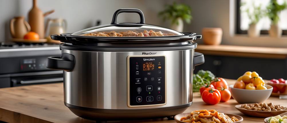 Slow-Cooker-Test: Auf einer Küchenablage steht ein Slow-Cooker. 