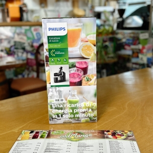 Die Verpackung des Philips HR1889/70 Slow Juicers mit Produktinformationen. Mehrere Saftvarianten und Merkmale des Geräts sind aufgedruckt.