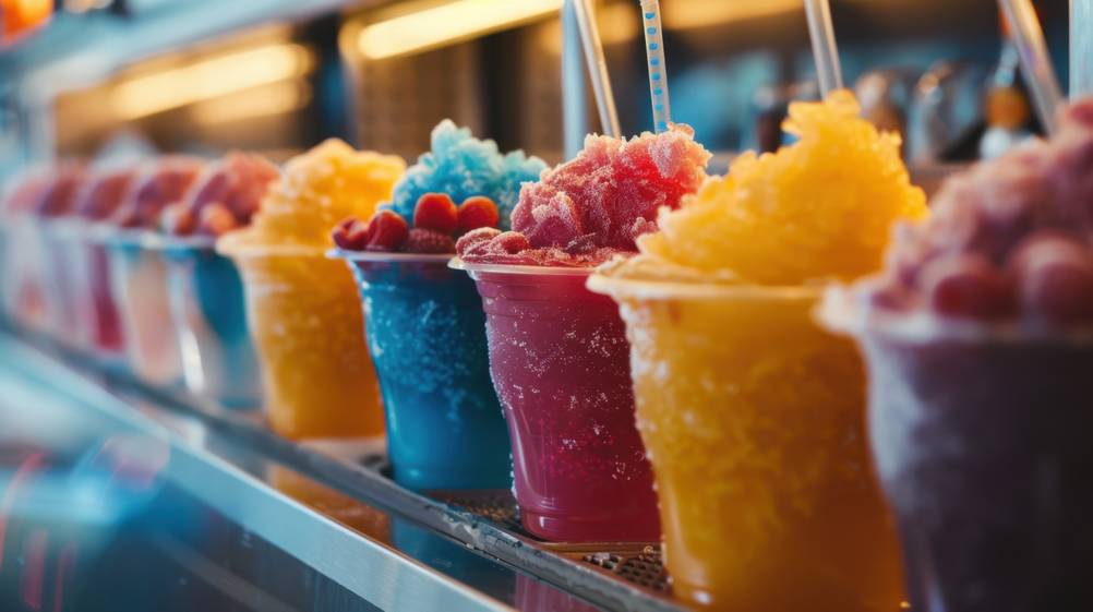 Slush-Maschine-Test: auf einer Theke stehen mehrere Gläser mit Slush-Eis. 