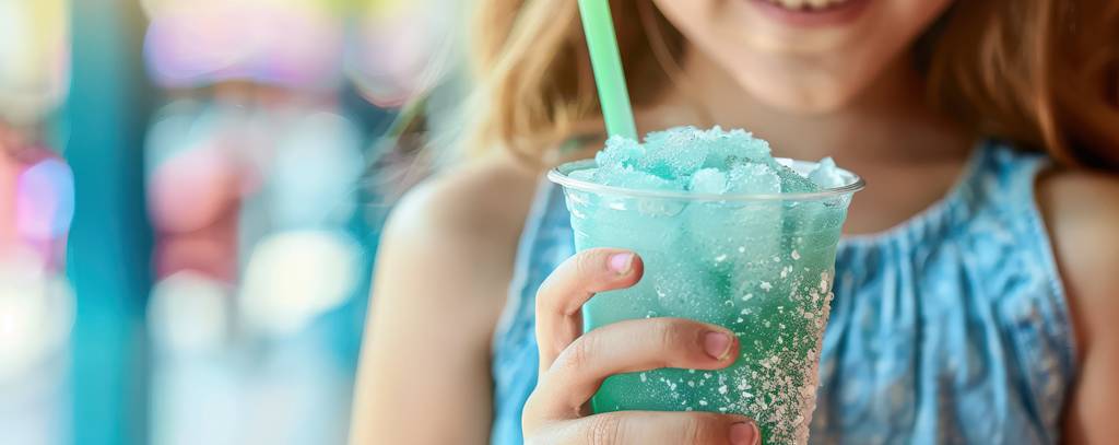 Slush-Maschine-Test: ein Mädchen hält einen Becher mit Slush-Eis in der Hand. 