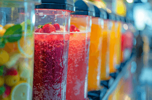 Slush-Maschine-Test: Mehrere Slush-Maschinen stehen auf einer Theke und enthalten verschiedene Geschmacksrichtungen