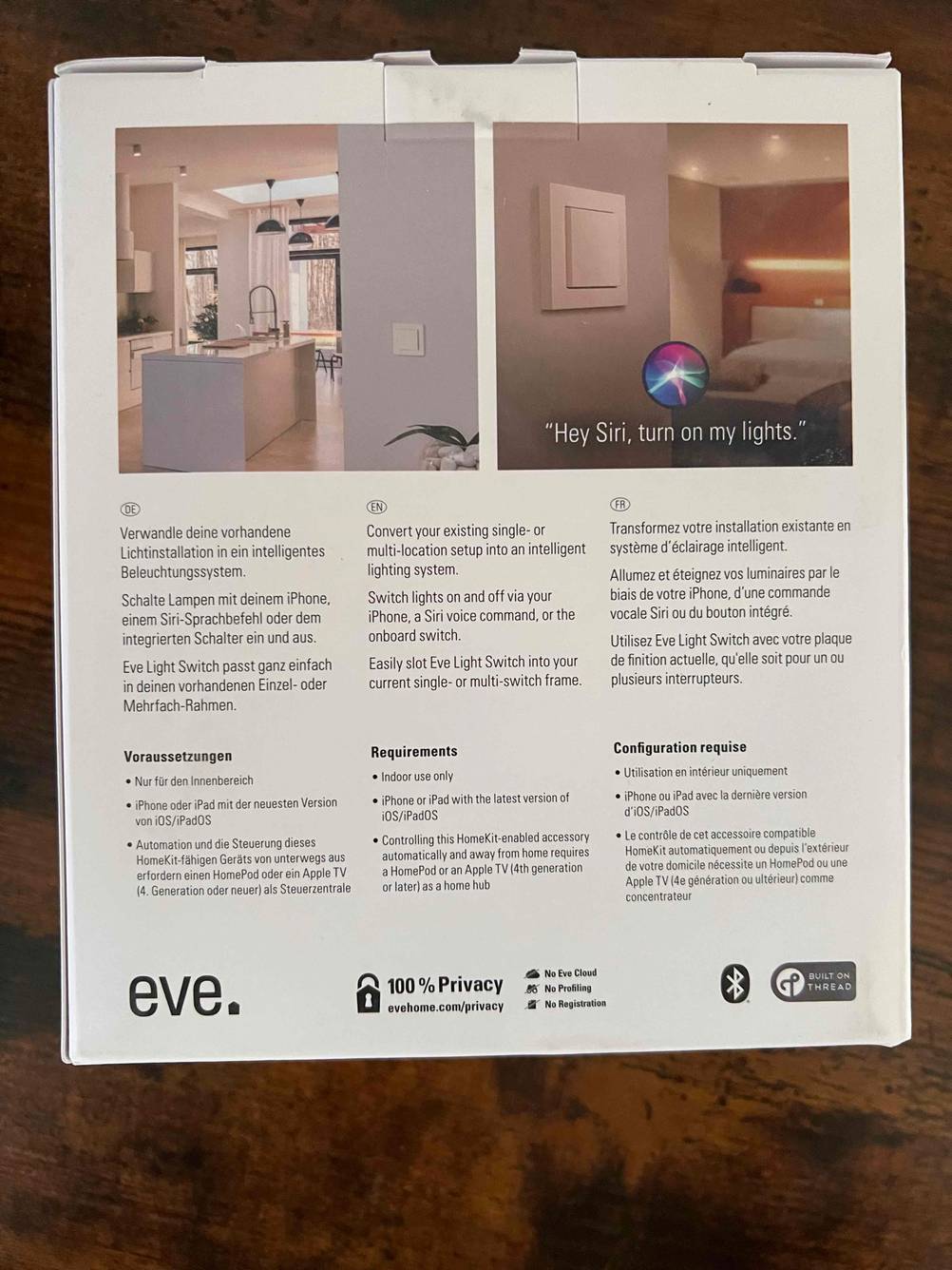 Rückseite der Originalverpackung eines getesteten Smart-Home-Lichtschalters.