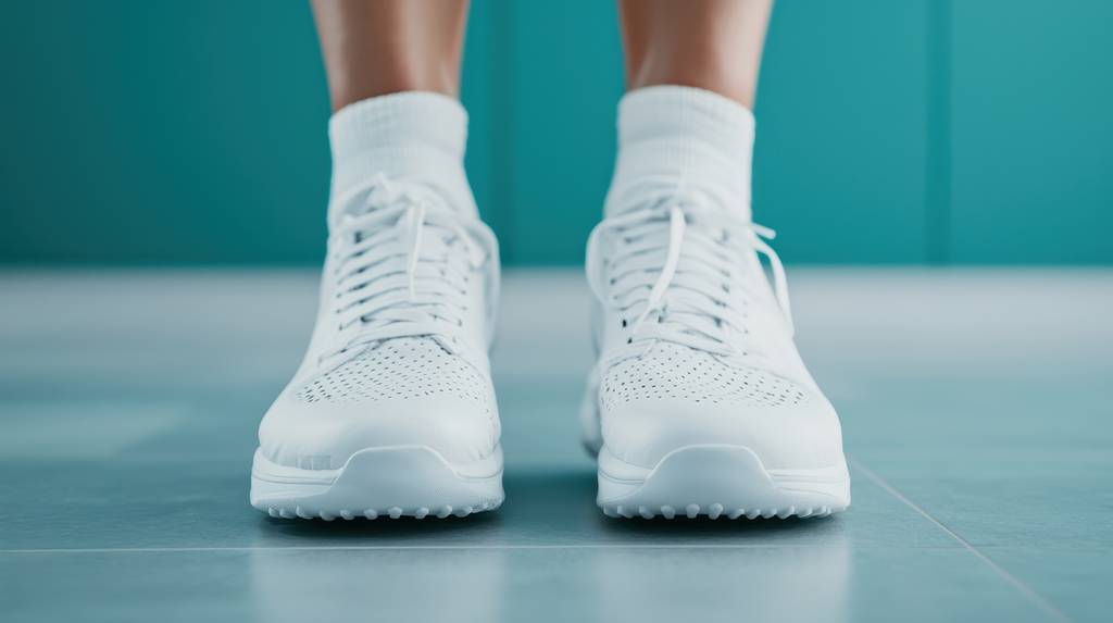 Sneaker-Damen-Test: Eine Frau trägt weisse Socken und weisse Sneaker. 