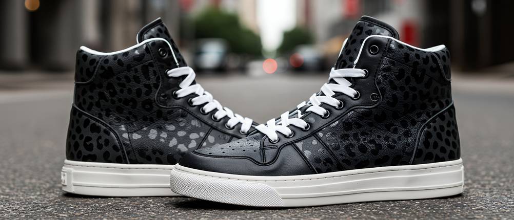 Sneaker-Herren-Test: schwarze High-Top-Sneaker mit weißer Gummisohle auf einer Straße